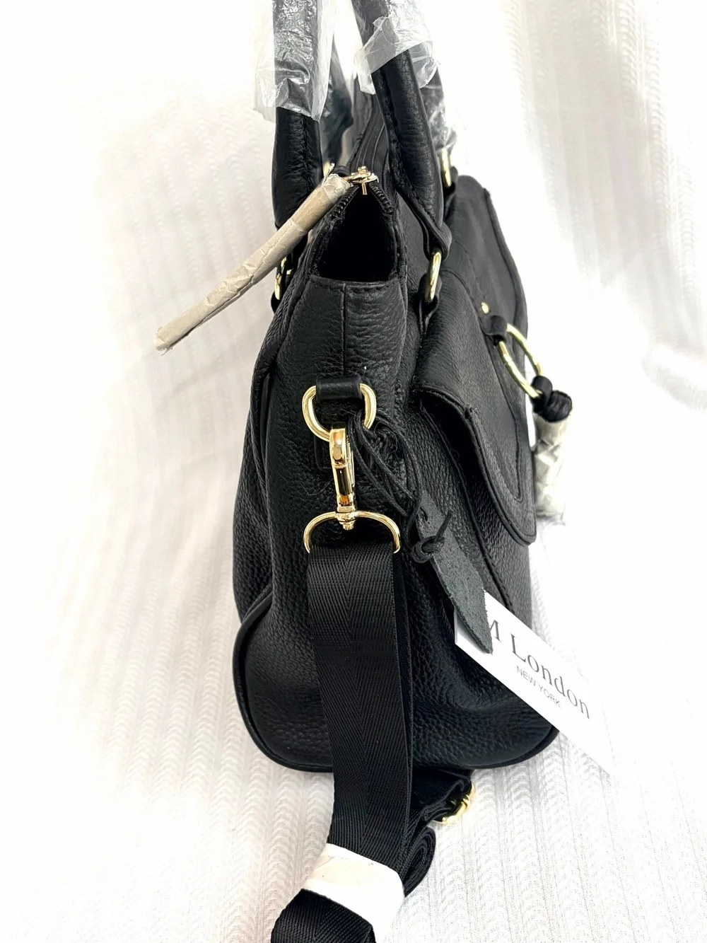 NWT!  M. London Black Leather Satchel Handbag with Crossbody, Tassel Detail